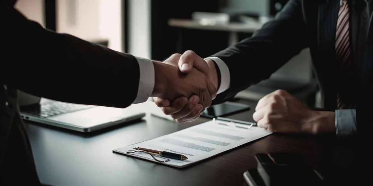 Two partners shaking hands over an agreement